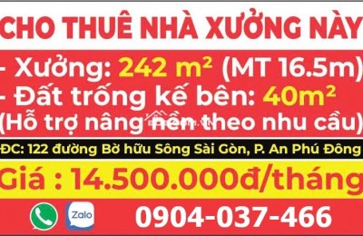 NHÀ XƯỞNG 282m2, MẶT TIỀN ĐƯỜNG BỜ HỮU SÔNG SÀI GÒN, P. AN PHÚ ĐÔNG, QUẬN 12, Giá  14,5 triệu/tháng.